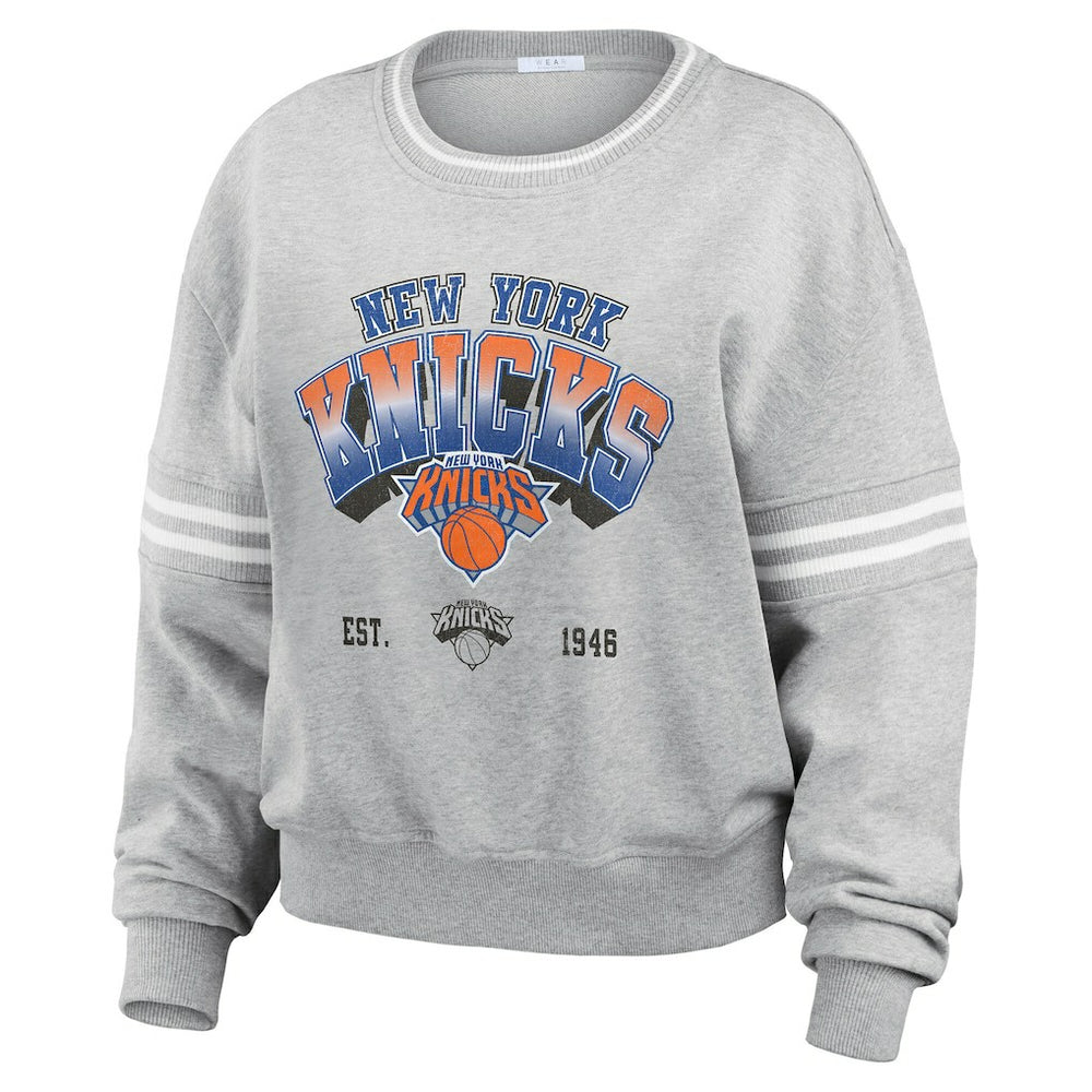NBA - New York Knicks WEAR by Erin Andrews Women's Sleeve Stripe Fleece Crewneck Sweatshirt - Gray
