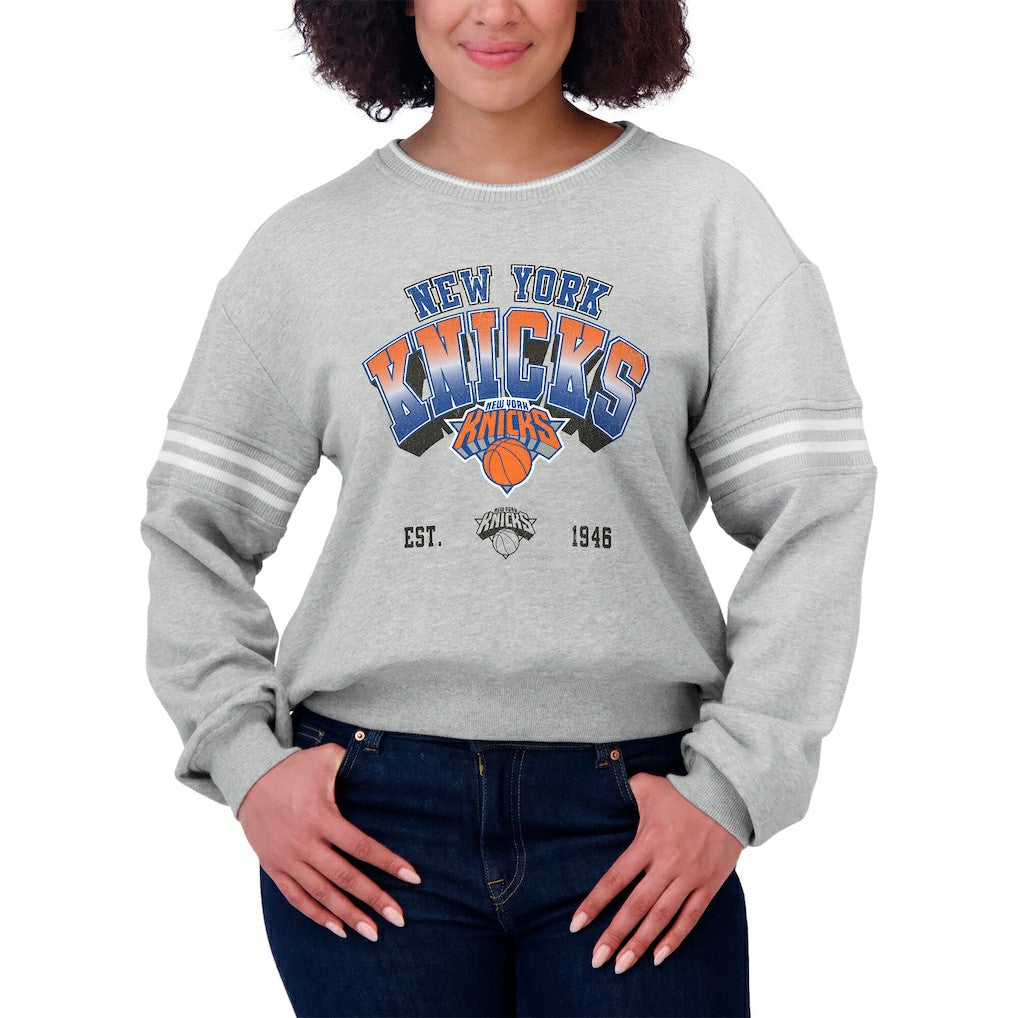 NBA - New York Knicks WEAR by Erin Andrews Women's Sleeve Stripe Fleece Crewneck Sweatshirt - Gray