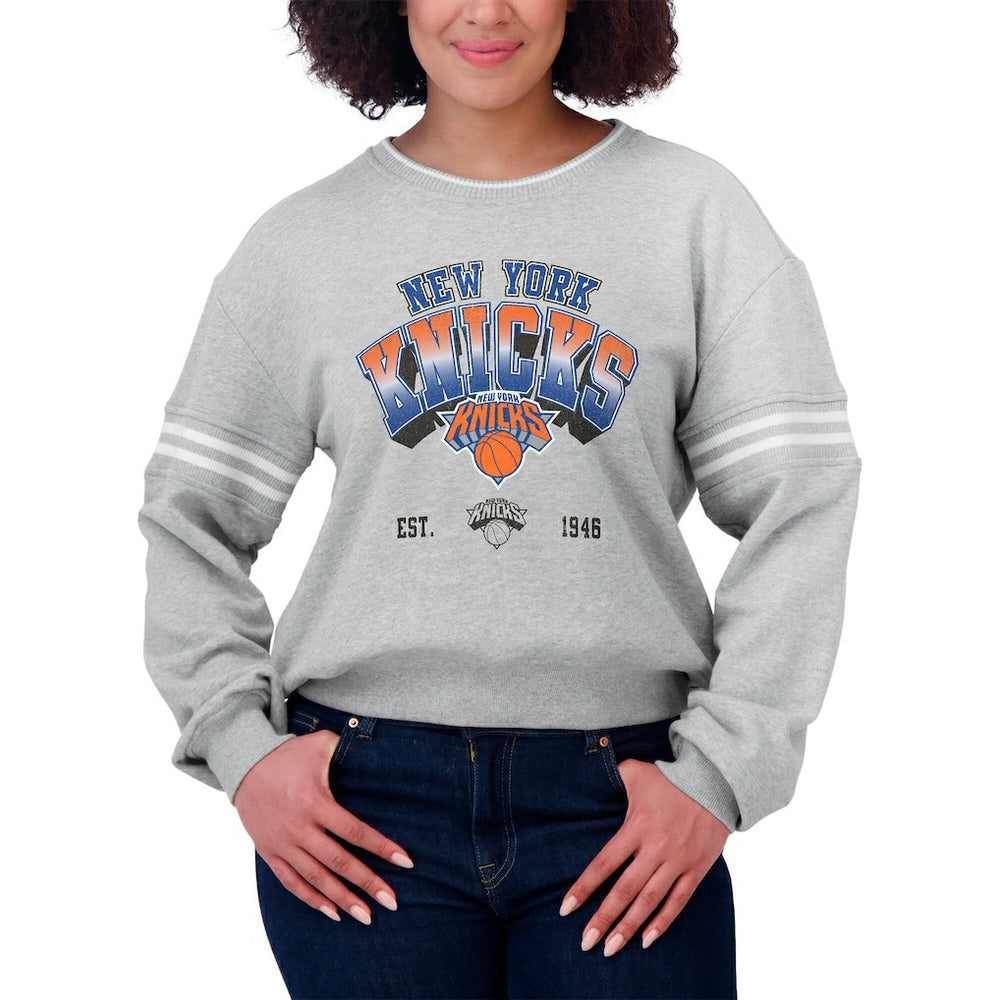 NBA - New York Knicks WEAR by Erin Andrews Women's Sleeve Stripe Fleece Crewneck Sweatshirt - Gray