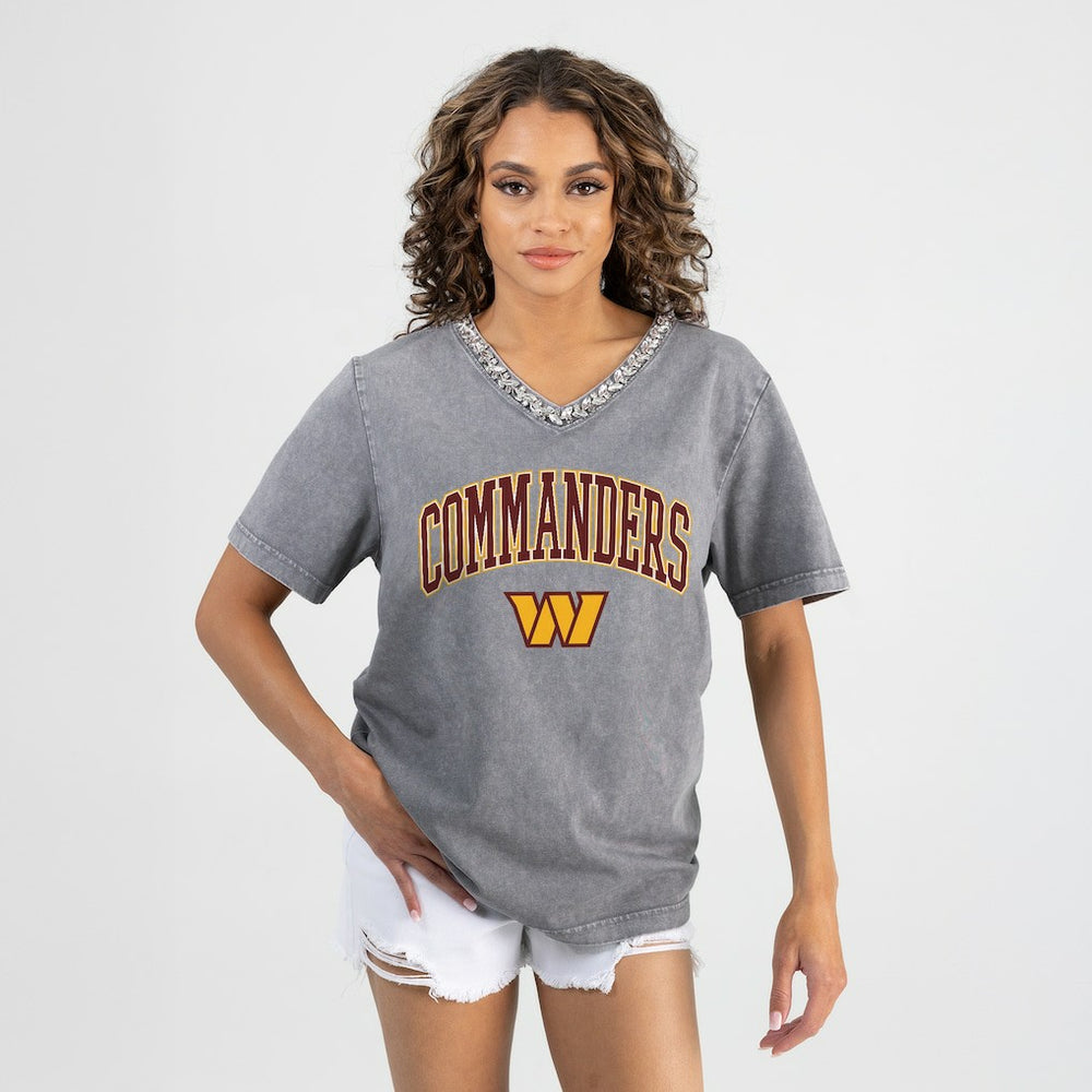 Washington Commanders Gameday Couture Women's Relaxed Iconic Edge Rhinestone V-Neck T-Shirt Gray - NFL