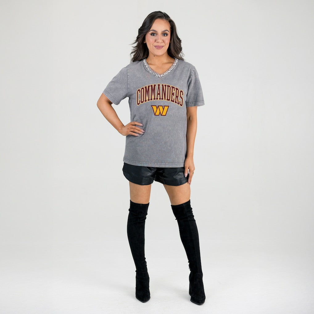 Washington Commanders Gameday Couture Women's Relaxed Iconic Edge Rhinestone V-Neck T-Shirt Gray - NFL
