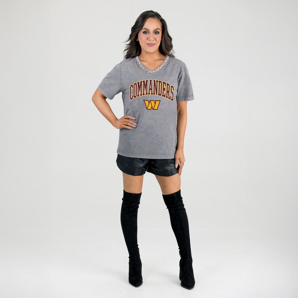 Washington Commanders Gameday Couture Women's Relaxed Iconic Edge Rhinestone V-Neck T-Shirt Gray - NFL