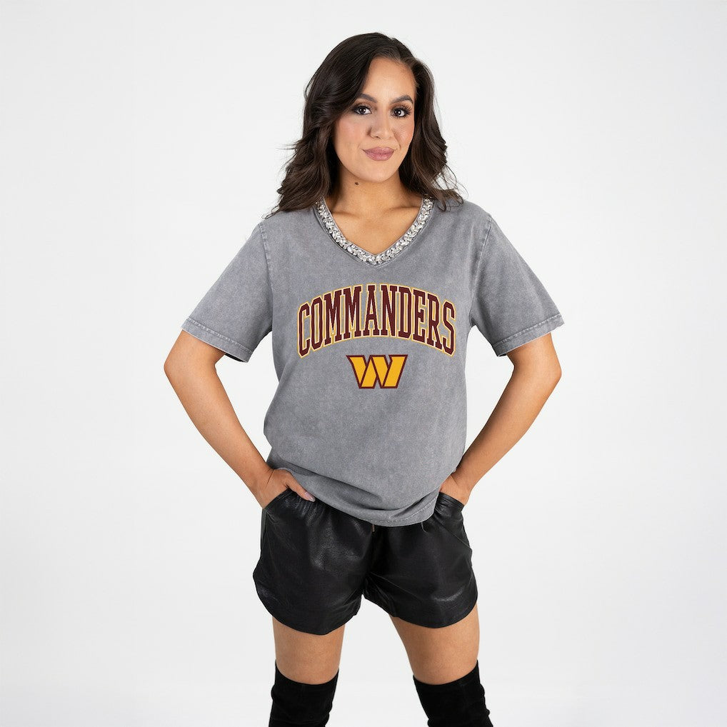 Washington Commanders Gameday Couture Women's Relaxed Iconic Edge Rhinestone V-Neck T-Shirt Gray - NFL