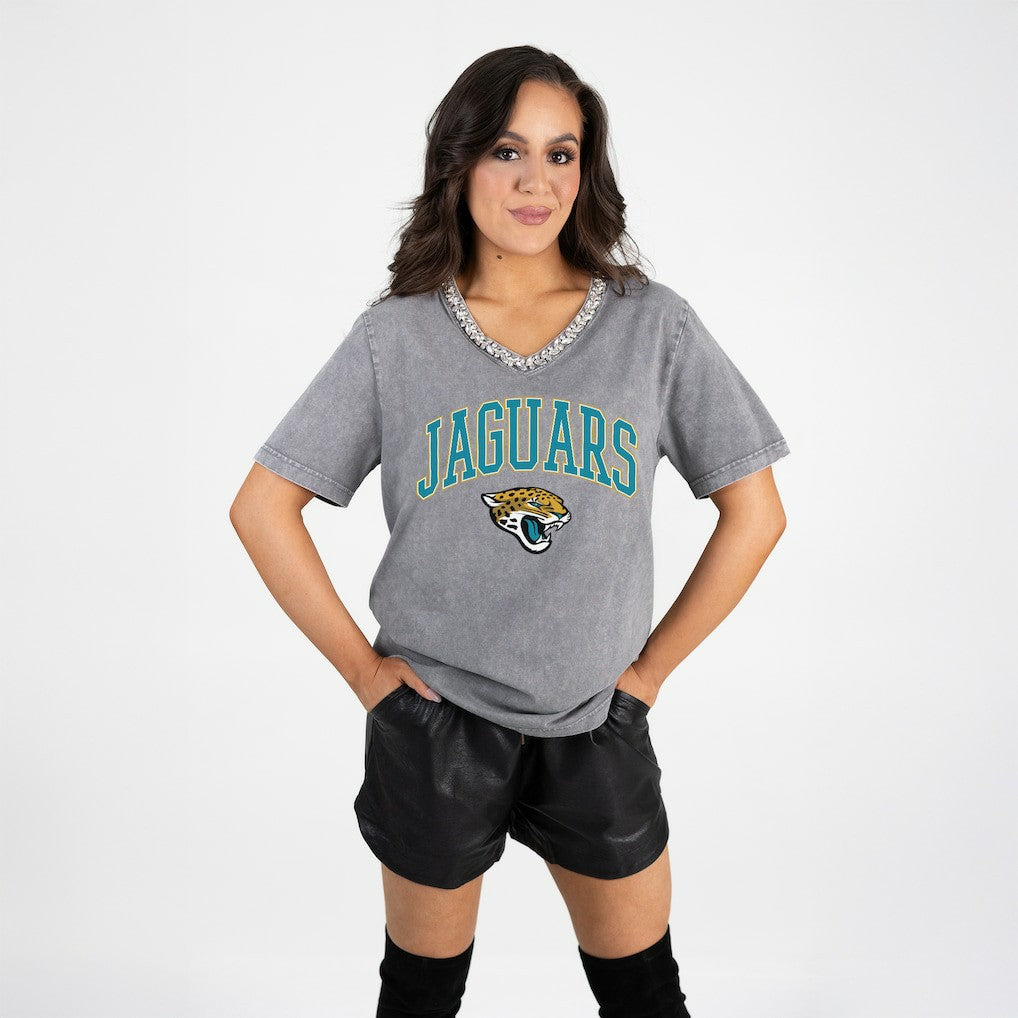 Jacksonville Jaguars Gameday Couture Women's Relaxed Iconic Edge Rhinestone V-Neck T-Shirt Gray - NFL