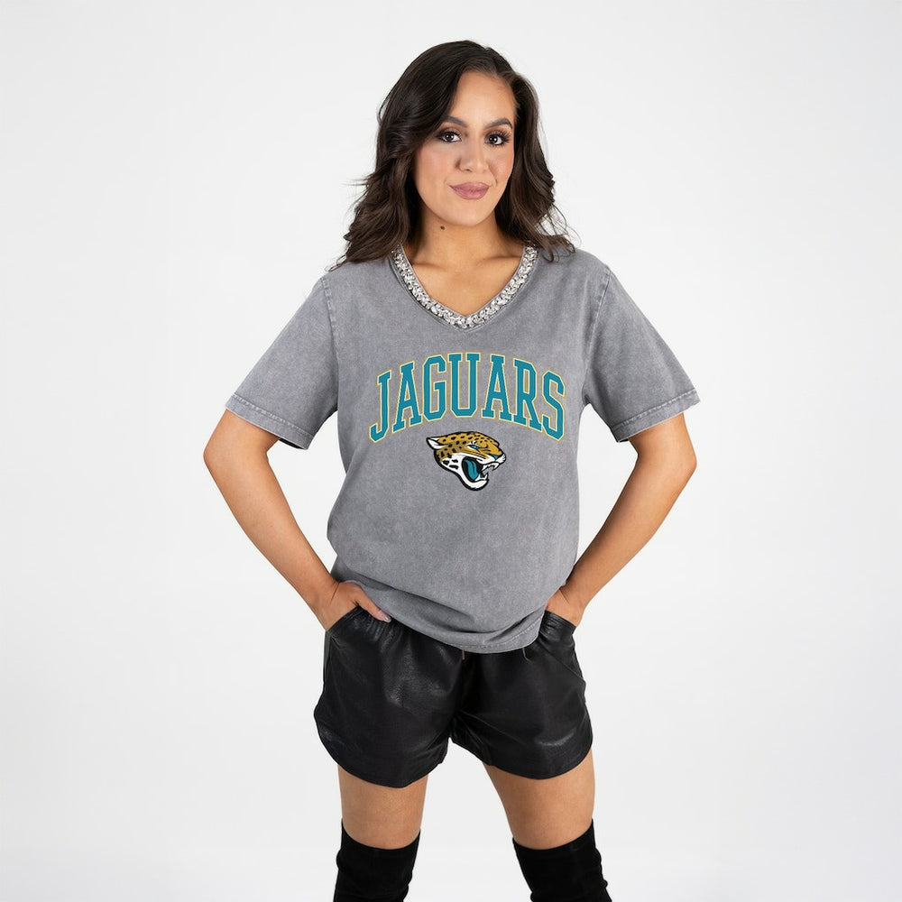 Jacksonville Jaguars Gameday Couture Women's Relaxed Iconic Edge Rhinestone V-Neck T-Shirt Gray - NFL