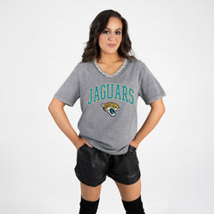 Jacksonville Jaguars Gameday Couture Women's Relaxed Iconic Edge Rhinestone V-Neck T-Shirt Gray - NFL