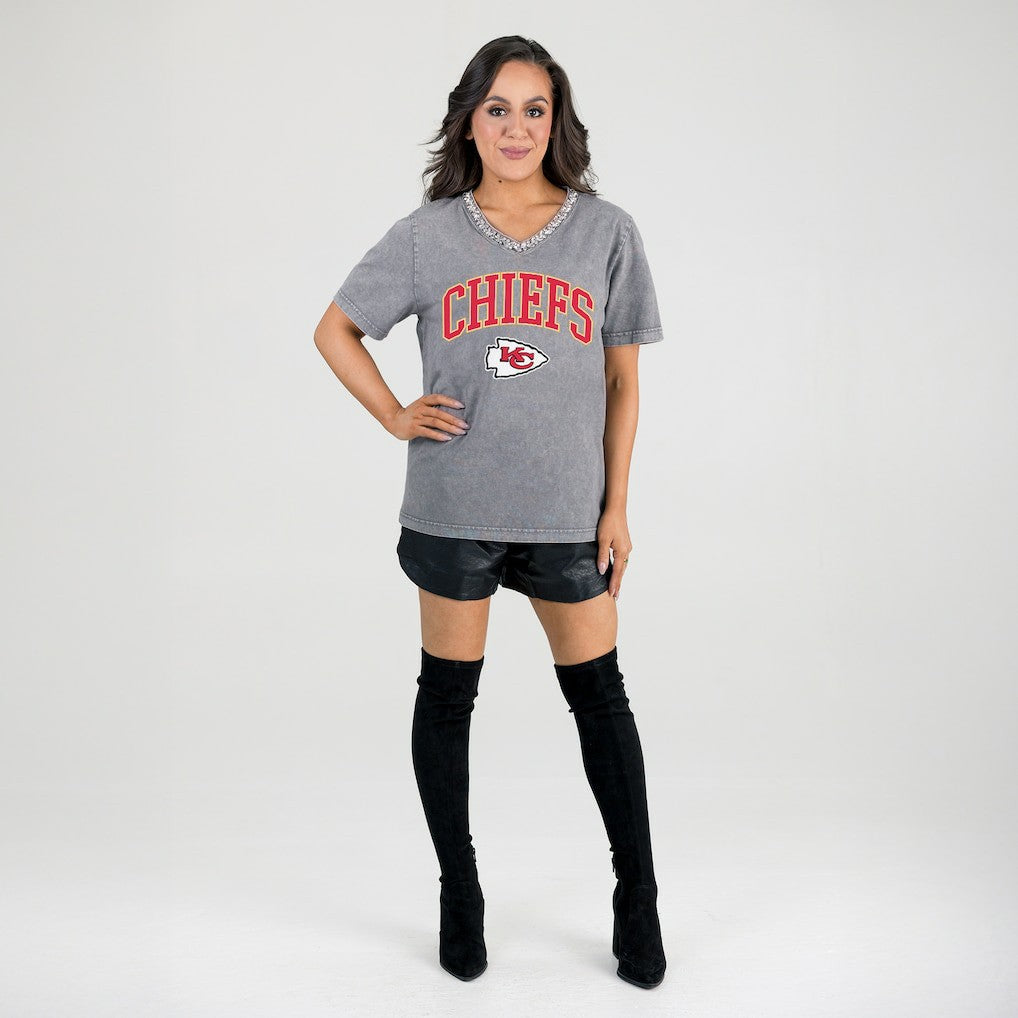 Kansas City Chiefs Gameday Couture Women's Relaxed Iconic Edge Rhinestone V-Neck T-Shirt Gray - NFL