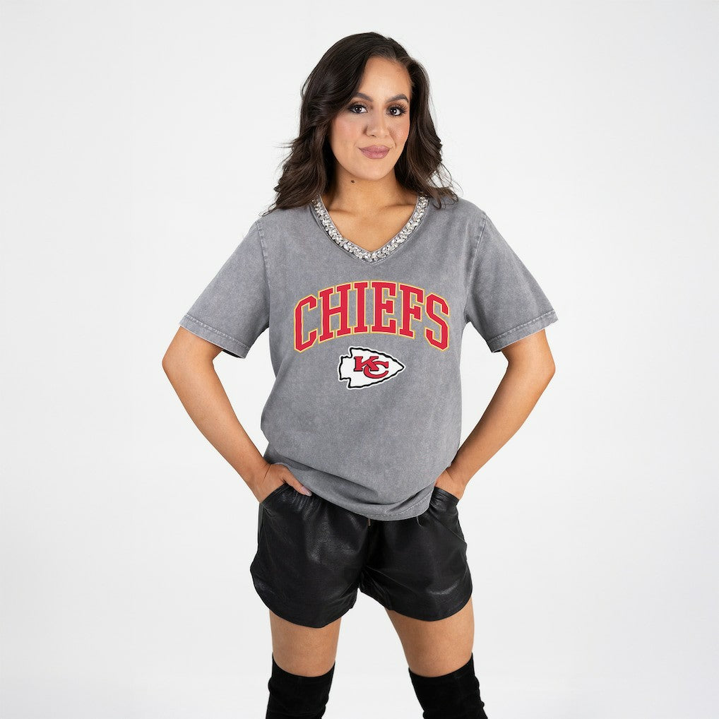 Kansas City Chiefs Gameday Couture Women's Relaxed Iconic Edge Rhinestone V-Neck T-Shirt Gray - NFL