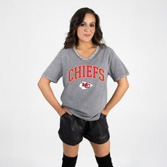 Kansas City Chiefs Gameday Couture Women's Relaxed Iconic Edge Rhinestone V-Neck T-Shirt Gray - NFL