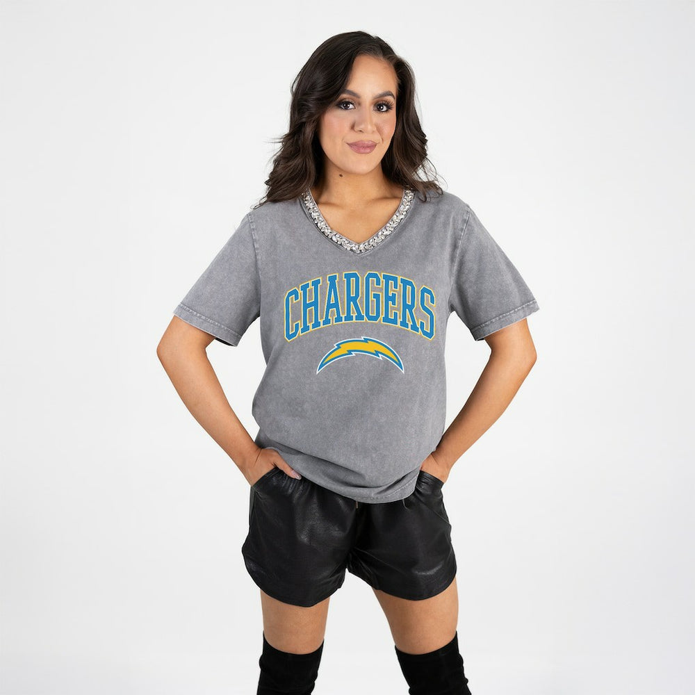 Los Angeles Chargers Gameday Couture Women's Relaxed Iconic Edge Rhinestone V-Neck T-Shirt Gray - NFL