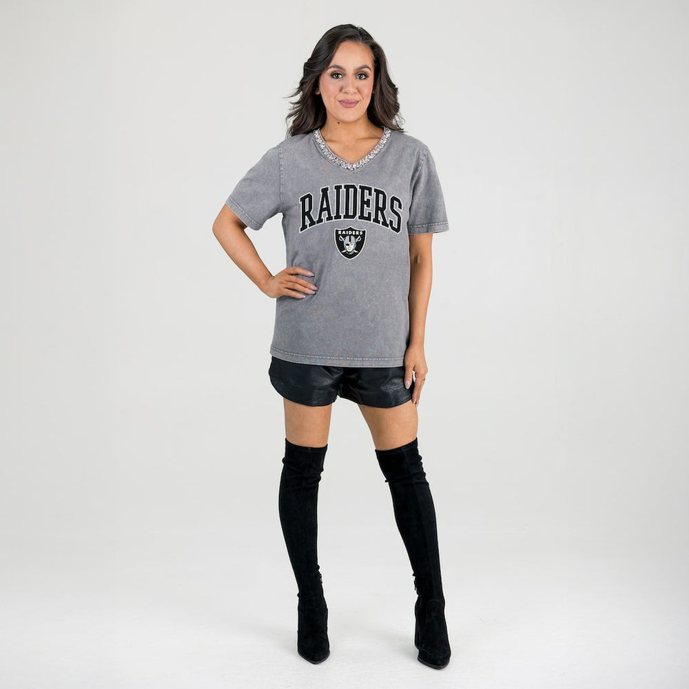 Las Vegas Raiders Gameday Couture Women's Relaxed Iconic Edge Rhinestone V-Neck T-Shirt Gray - NFL