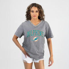 Miami Dolphins Gameday Couture Women's Relaxed Iconic Edge Rhinestone V-Neck T-Shirt Gray - NFL