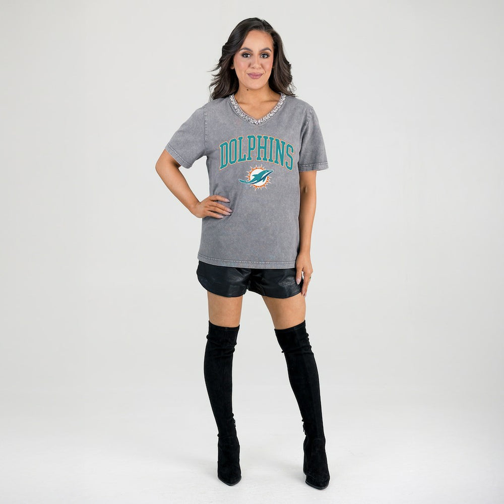 Miami Dolphins Gameday Couture Women's Relaxed Iconic Edge Rhinestone V-Neck T-Shirt Gray - NFL