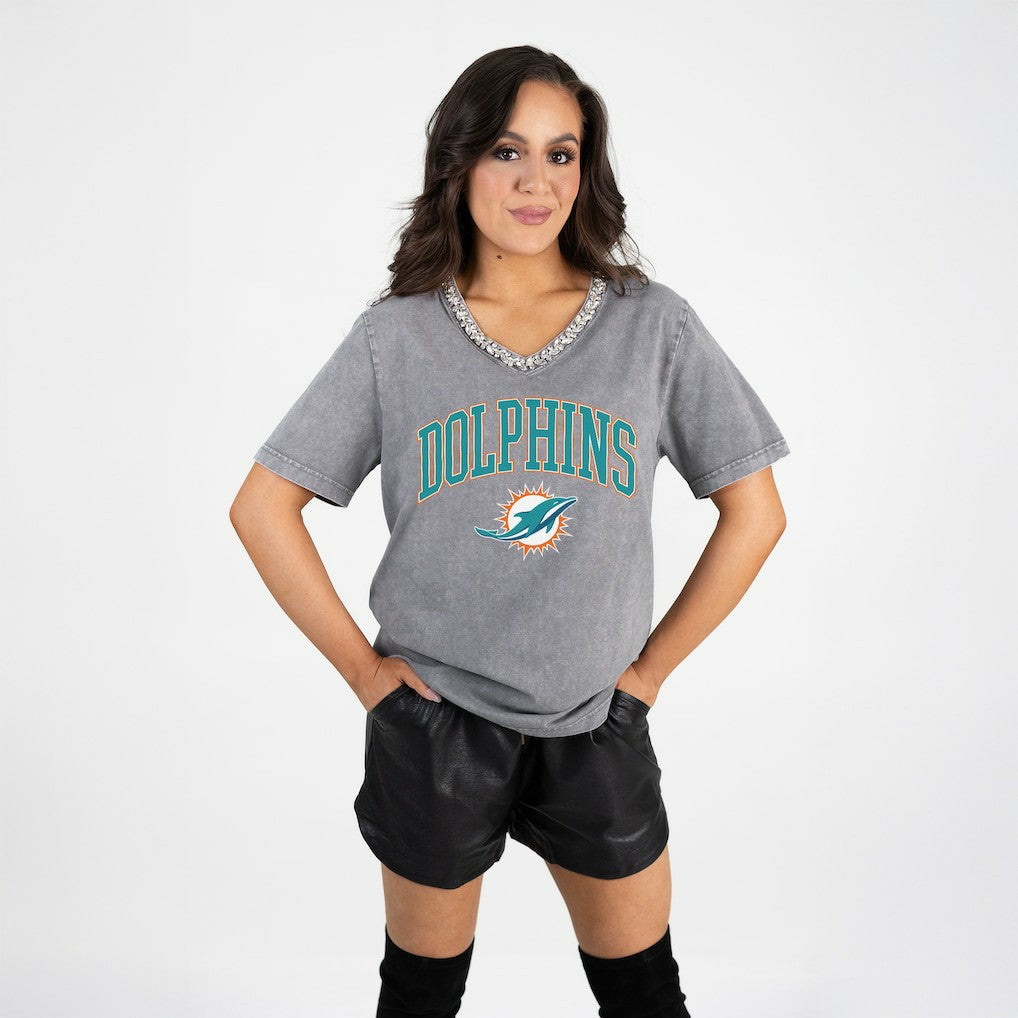 Miami Dolphins Gameday Couture Women's Relaxed Iconic Edge Rhinestone V-Neck T-Shirt Gray - NFL