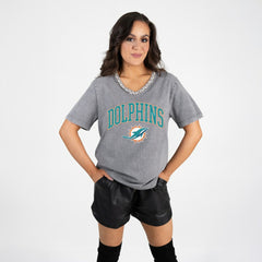 Miami Dolphins Gameday Couture Women's Relaxed Iconic Edge Rhinestone V-Neck T-Shirt Gray - NFL
