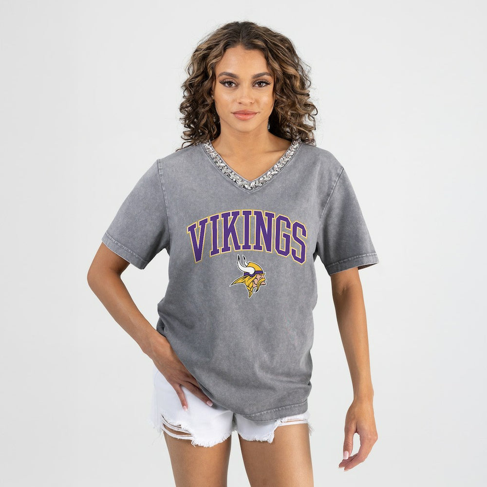 Minnesota Vikings Gameday Couture Women's Relaxed Iconic Edge Rhinestone V-Neck T-Shirt Gray - NFL