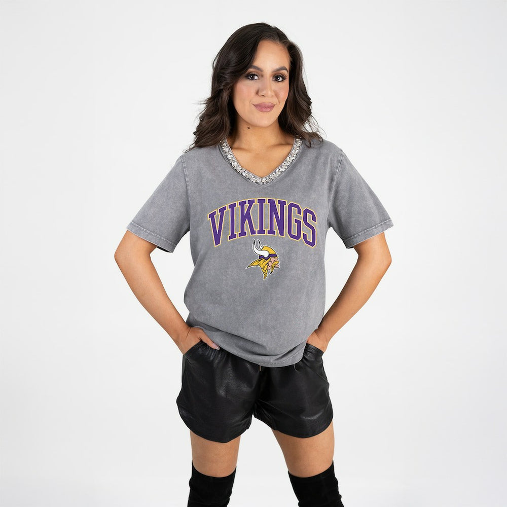 Minnesota Vikings Gameday Couture Women's Relaxed Iconic Edge Rhinestone V-Neck T-Shirt Gray - NFL