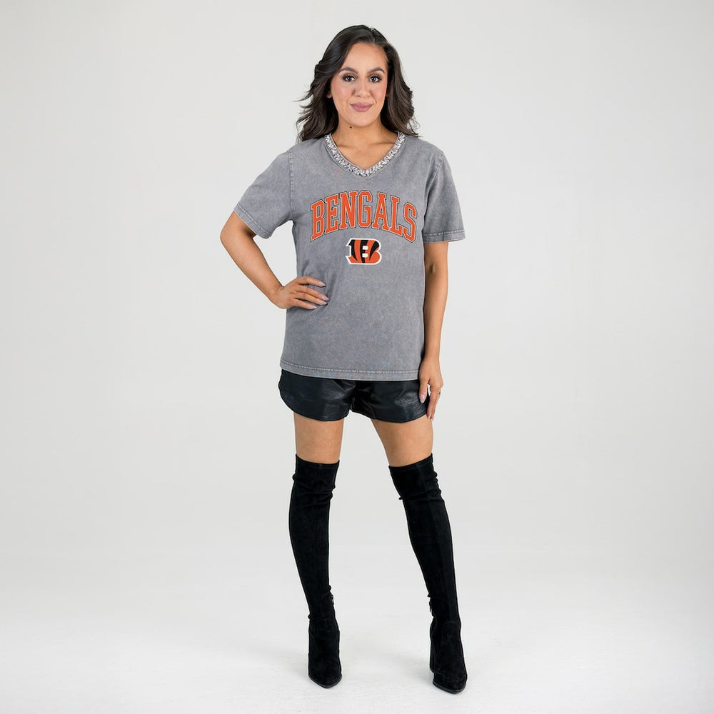 Cincinnati Bengals Gameday Couture Women's Relaxed Iconic Edge Rhinestone V-Neck T-Shirt Gray - NFL