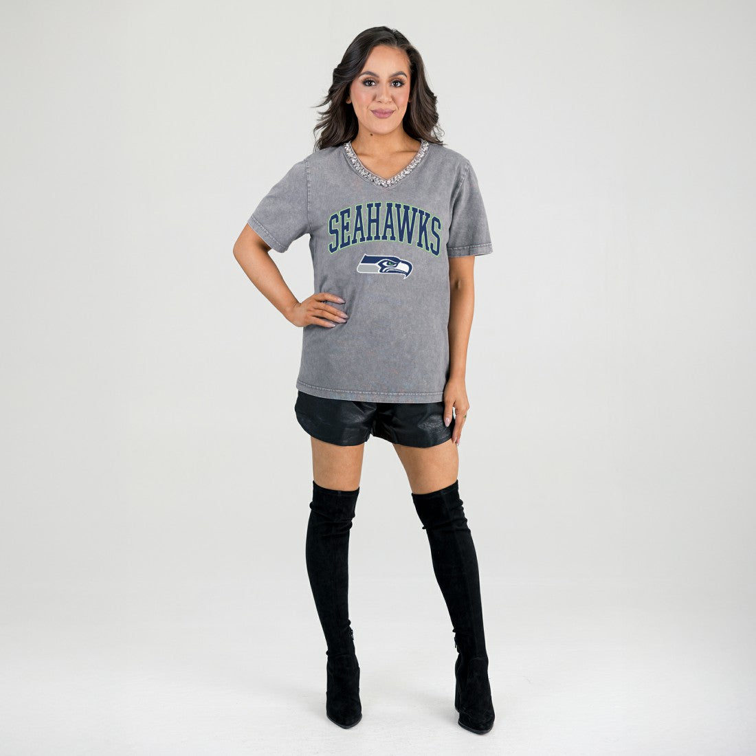 Seattle Seahawks Gameday Couture Women's Relaxed Iconic Edge Rhinestone V-Neck T-Shirt Gray - NFL