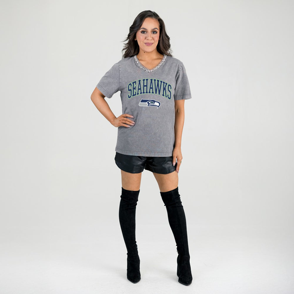 Seattle Seahawks Gameday Couture Women's Relaxed Iconic Edge Rhinestone V-Neck T-Shirt Gray - NFL