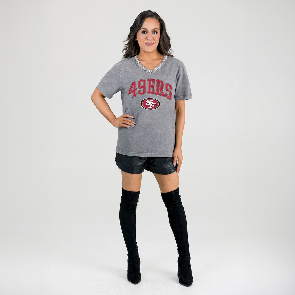San Francisco 49ers Gameday Couture Women's Relaxed Iconic Edge Rhinestone V-Neck T-Shirt Gray - NFL