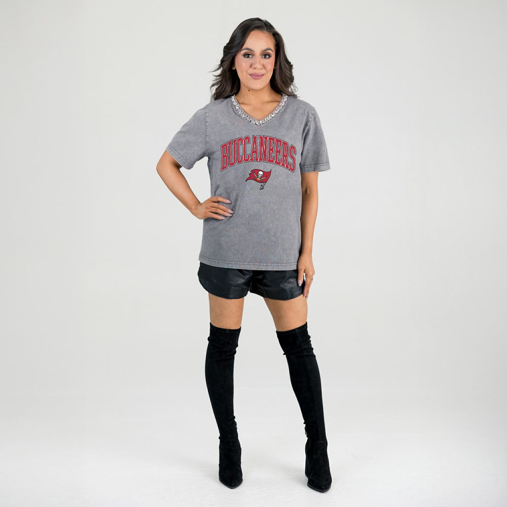 Tampa Bay Buccaneers Gameday Couture Women's Relaxed Iconic Edge Rhinestone V-Neck T-Shirt Gray - NFL