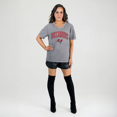 Tampa Bay Buccaneers Gameday Couture Women's Relaxed Iconic Edge Rhinestone V-Neck T-Shirt Gray - NFL