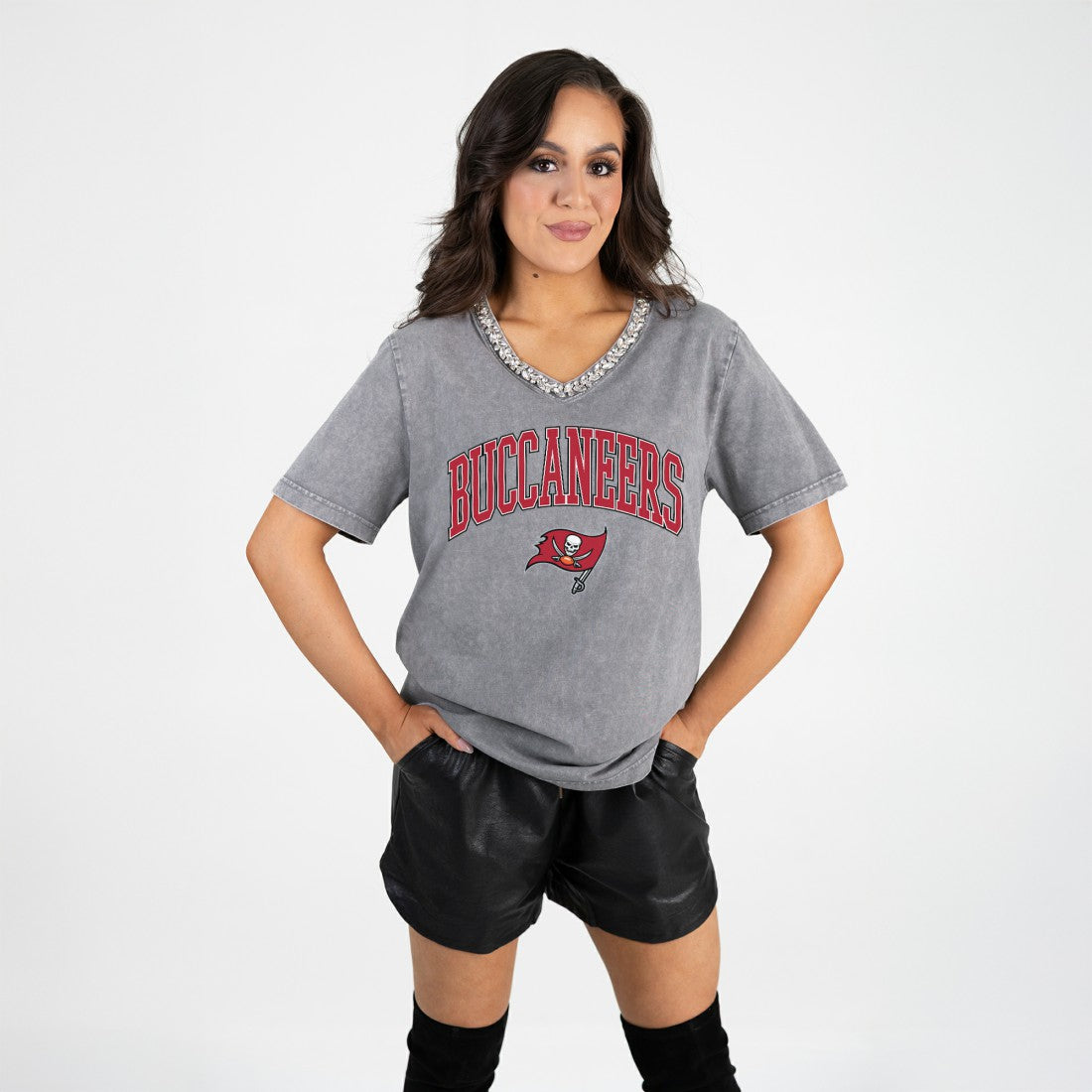 Tampa Bay Buccaneers Gameday Couture Women's Relaxed Iconic Edge Rhinestone V-Neck T-Shirt Gray - NFL