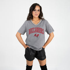Tampa Bay Buccaneers Gameday Couture Women's Relaxed Iconic Edge Rhinestone V-Neck T-Shirt Gray - NFL
