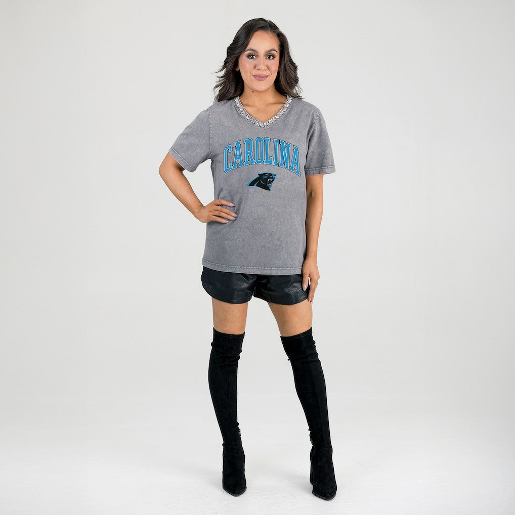 Carolina Panthers Gameday Couture Women's Relaxed Iconic Edge Rhinestone V-Neck T-Shirt Gray - NFL