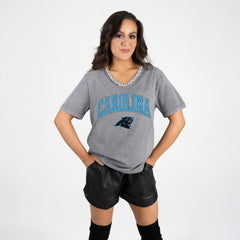Carolina Panthers Gameday Couture Women's Relaxed Iconic Edge Rhinestone V-Neck T-Shirt Gray - NFL