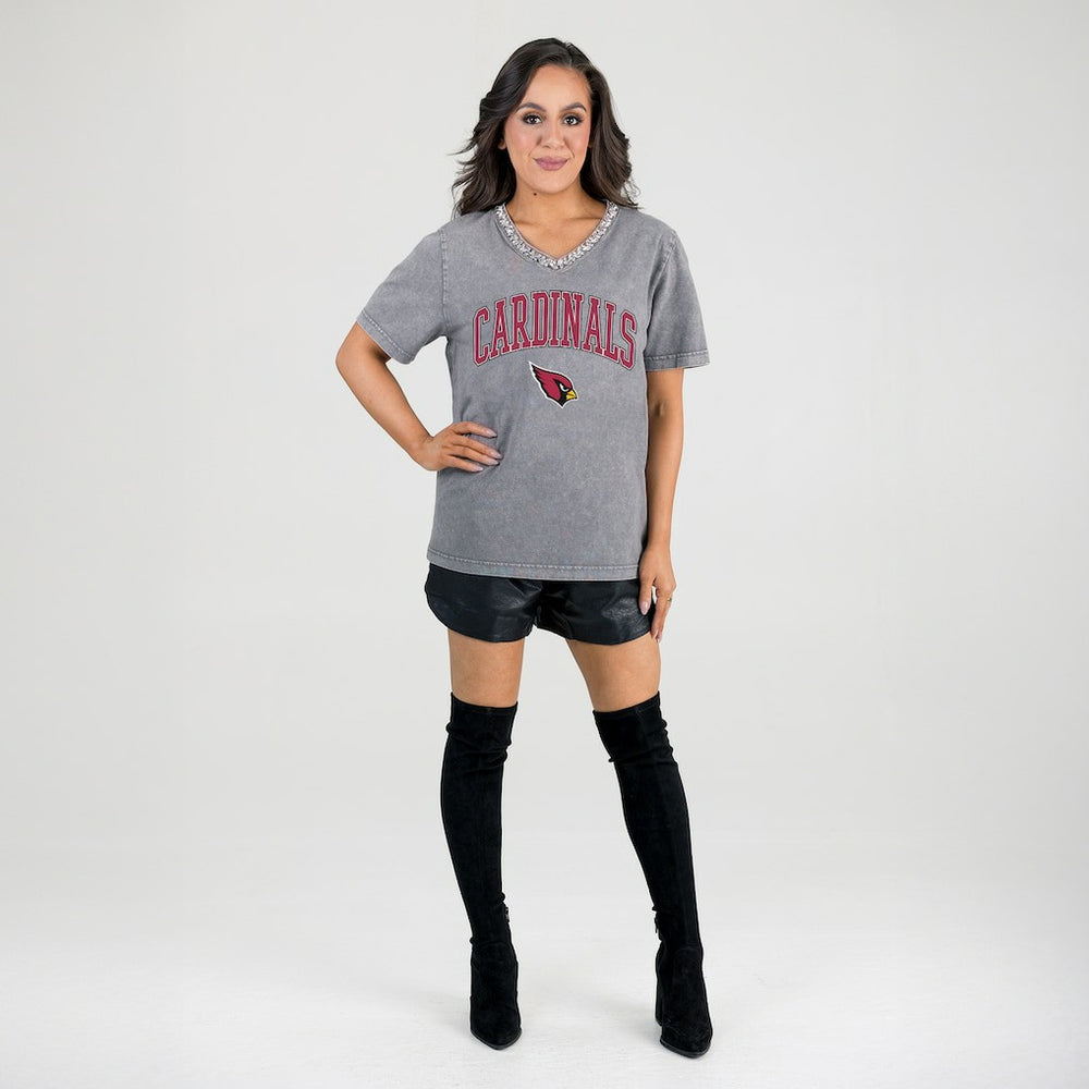 Arizona Cardinals Gameday Couture Women's Relaxed Iconic Edge Rhinestone V-Neck T-Shirt Gray - NFL