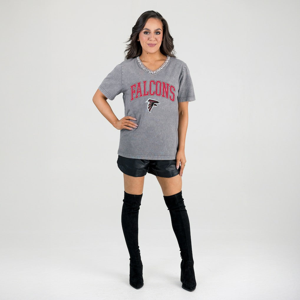 Atlanta Falcons Gameday Couture Women's Relaxed Iconic Edge Rhinestone V-Neck T-Shirt Gray - NFL