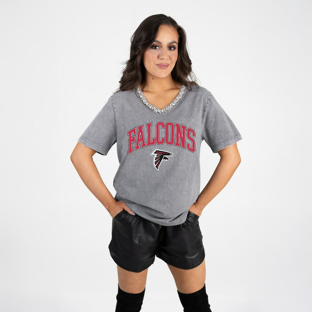 Atlanta Falcons Gameday Couture Women's Relaxed Iconic Edge Rhinestone V-Neck T-Shirt Gray - NFL