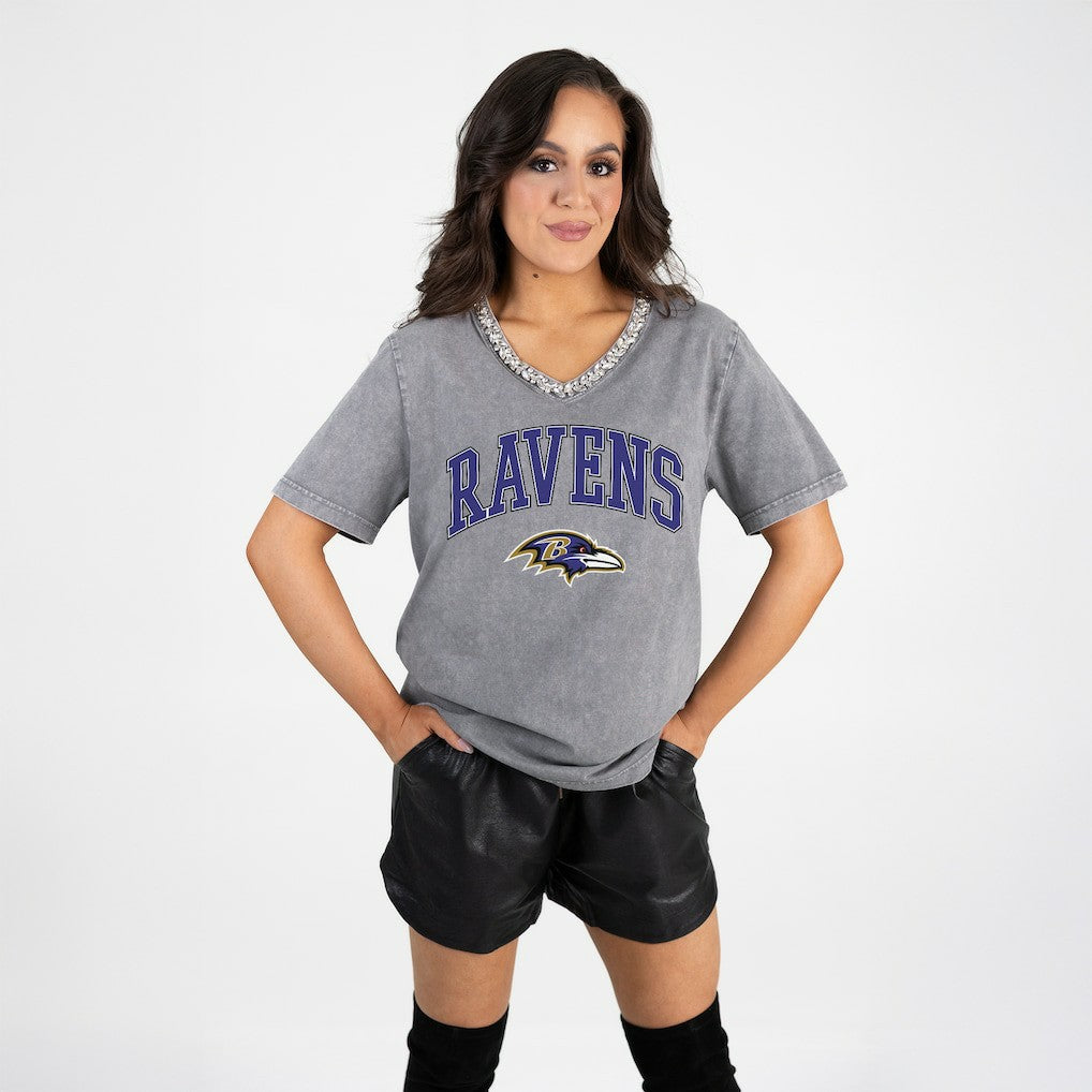 Baltimore Ravens Gameday Couture Women's Relaxed Iconic Edge Rhinestone V-Neck T-Shirt Gray - NFL