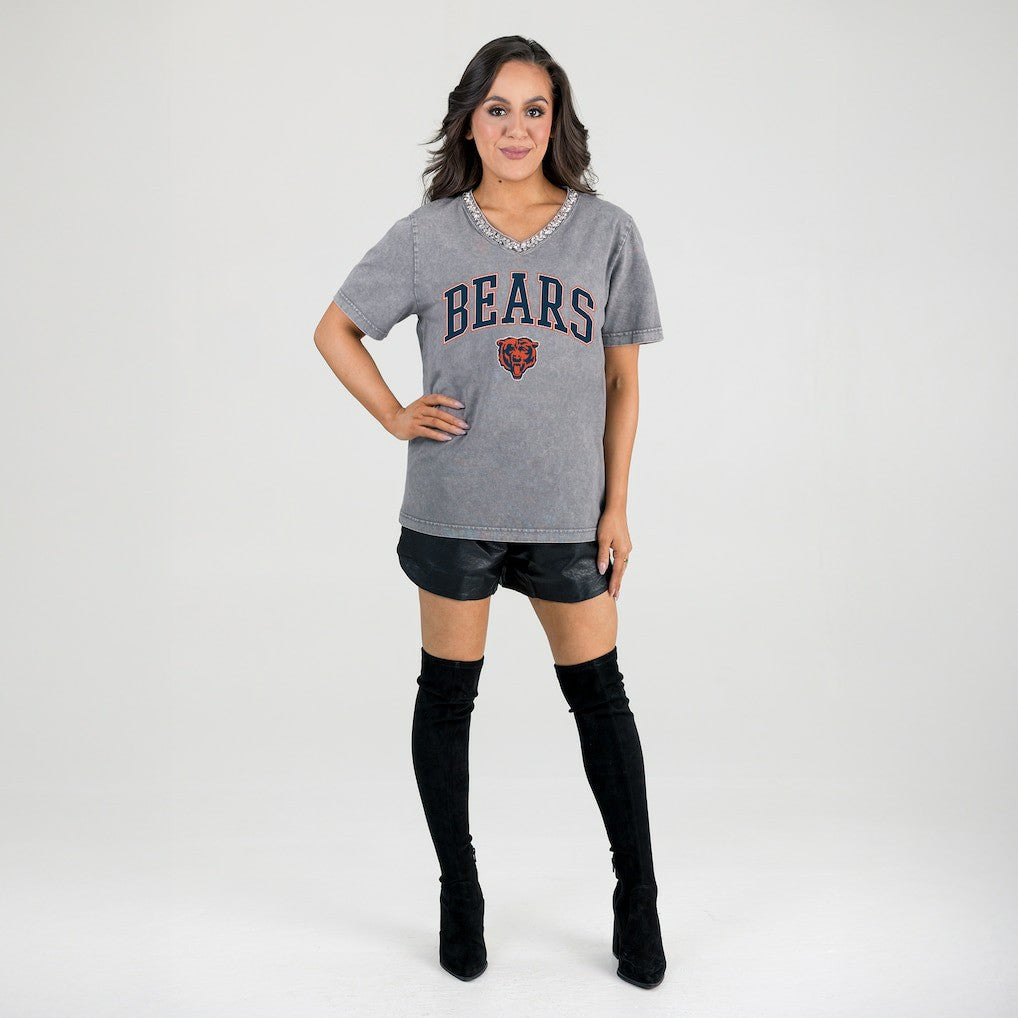Chicago Bears Gameday Couture Women's Relaxed Iconic Edge Rhinestone V-Neck T-Shirt Gray - NFL