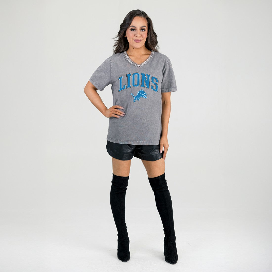 Detroit Lions Gameday Couture Women's Relaxed Iconic Edge Rhinestone V-Neck T-Shirt Gray - NFL