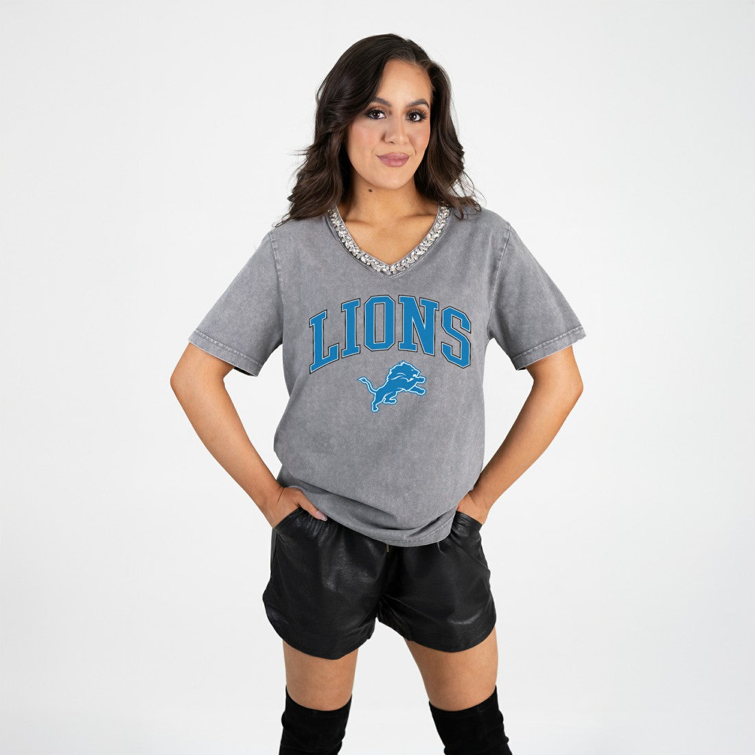 Detroit Lions Gameday Couture Women's Relaxed Iconic Edge Rhinestone V-Neck T-Shirt Gray - NFL