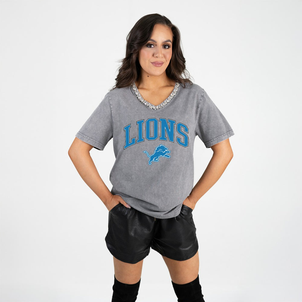 Detroit Lions Gameday Couture Women's Relaxed Iconic Edge Rhinestone V-Neck T-Shirt Gray - NFL
