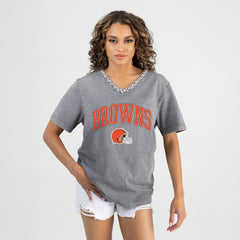 Cleveland Browns Gameday Couture Women's Relaxed Iconic Edge Rhinestone V-Neck T-Shirt Gray - NFL