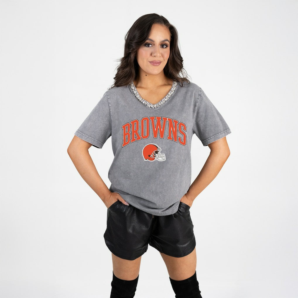 Cleveland Browns Gameday Couture Women's Relaxed Iconic Edge Rhinestone V-Neck T-Shirt Gray - NFL