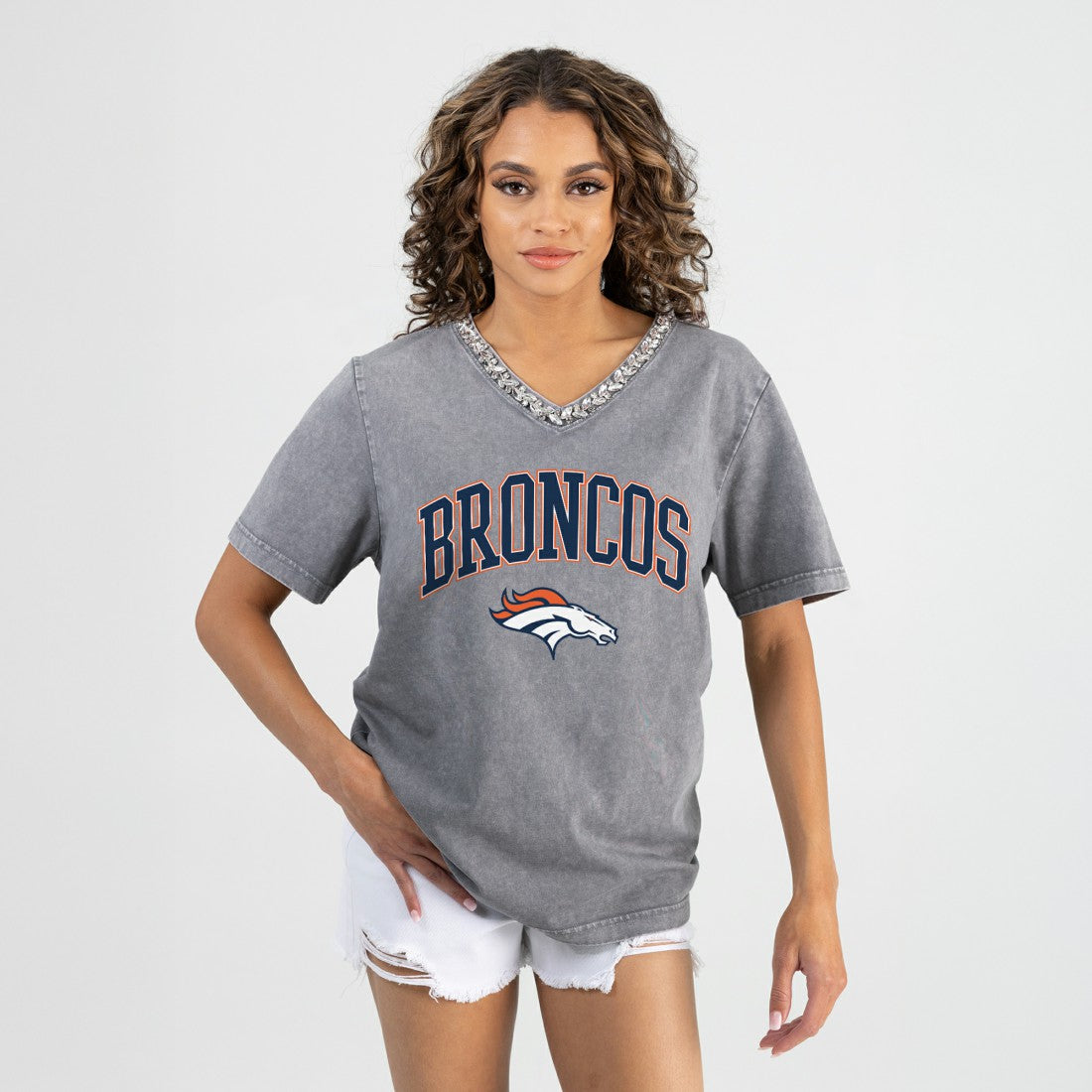 Denver Broncos Gameday Couture Women's Relaxed Iconic Edge Rhinestone V-Neck T-Shirt Gray - NFL