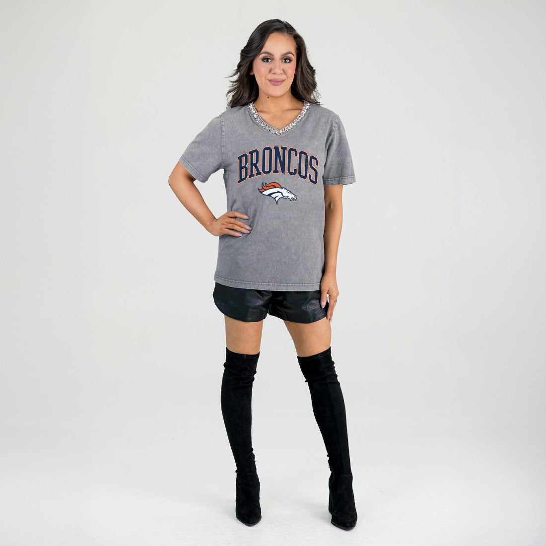 Denver Broncos Gameday Couture Women's Relaxed Iconic Edge Rhinestone V-Neck T-Shirt Gray - NFL