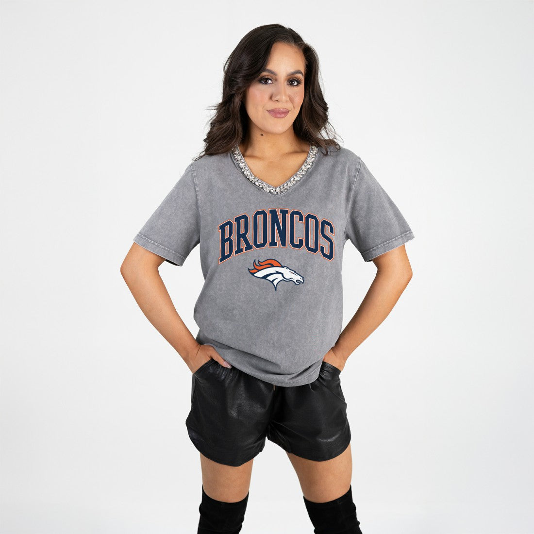 Denver Broncos Gameday Couture Women's Relaxed Iconic Edge Rhinestone V-Neck T-Shirt Gray - NFL
