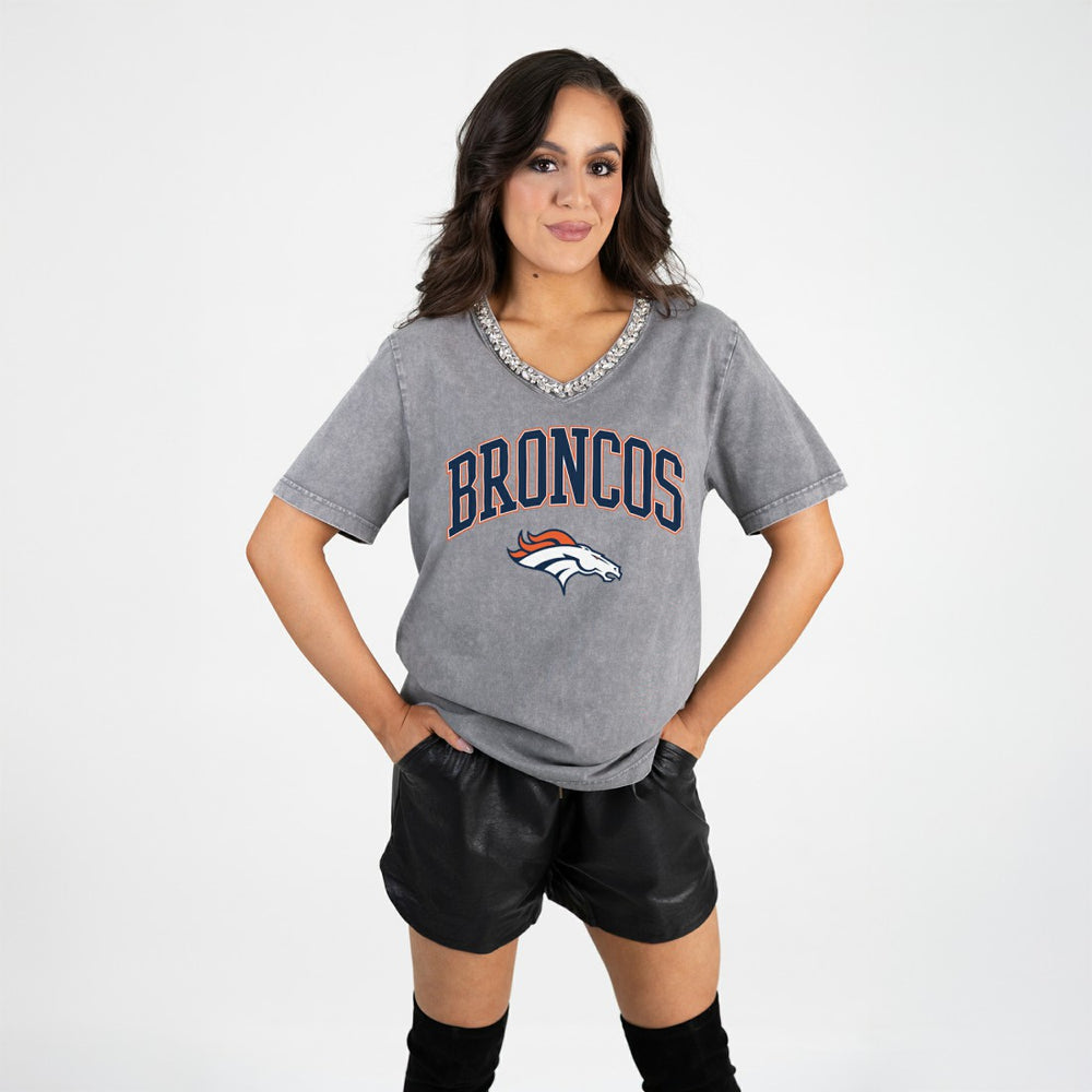 Denver Broncos Gameday Couture Women's Relaxed Iconic Edge Rhinestone V-Neck T-Shirt Gray - NFL