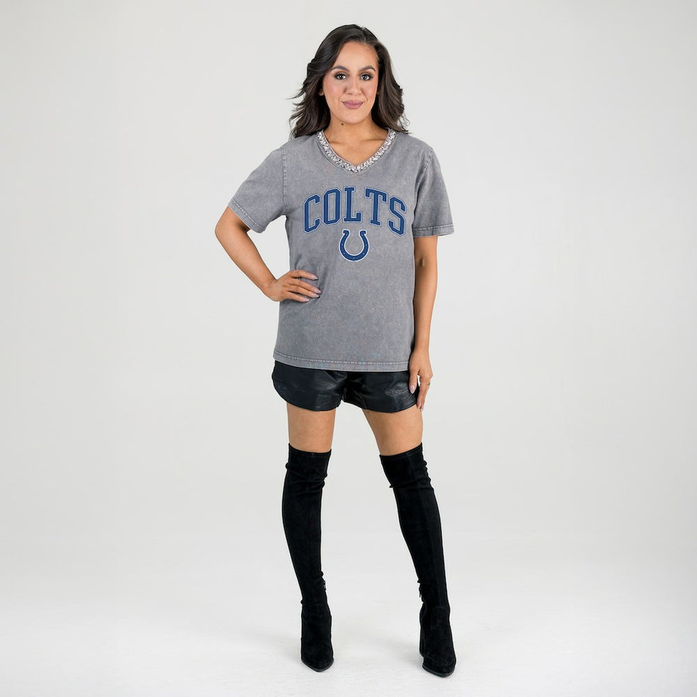 Indianapolis Colts Gameday Couture Women's Relaxed Iconic Edge Rhinestone V-Neck T-Shirt Gray - NFL