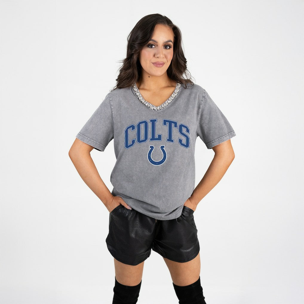 Indianapolis Colts Gameday Couture Women's Relaxed Iconic Edge Rhinestone V-Neck T-Shirt Gray - NFL