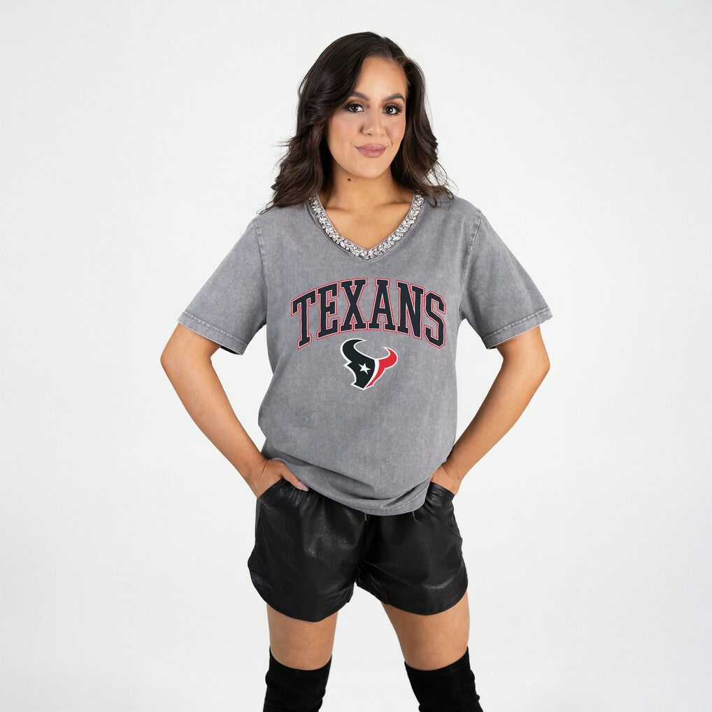 Houston Texans Gameday Couture Women's Relaxed Iconic Edge Rhinestone V-Neck T-Shirt Gray - NFL