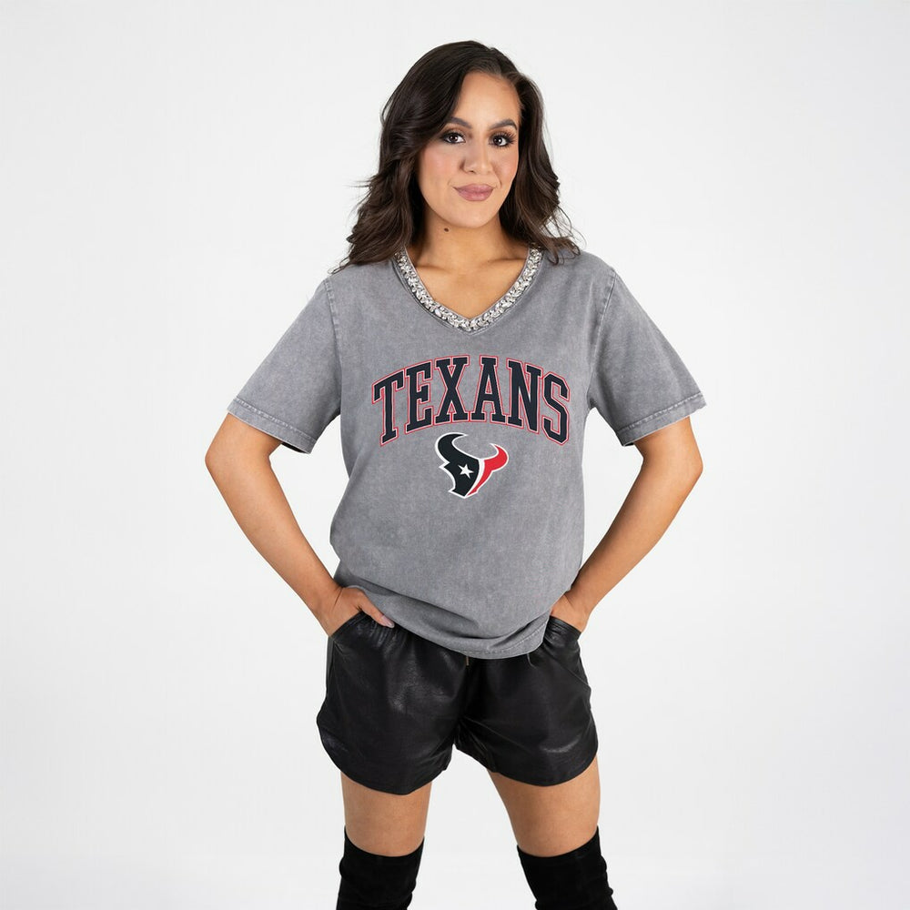 Houston Texans Gameday Couture Women's Relaxed Iconic Edge Rhinestone V-Neck T-Shirt Gray - NFL