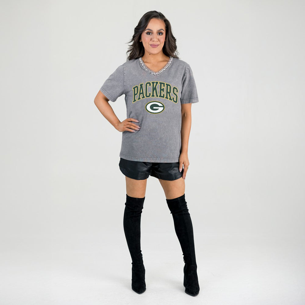Green Bay Packers Gameday Couture Women's Relaxed Iconic Edge Rhinestone V-Neck T-Shirt Gray - NFL